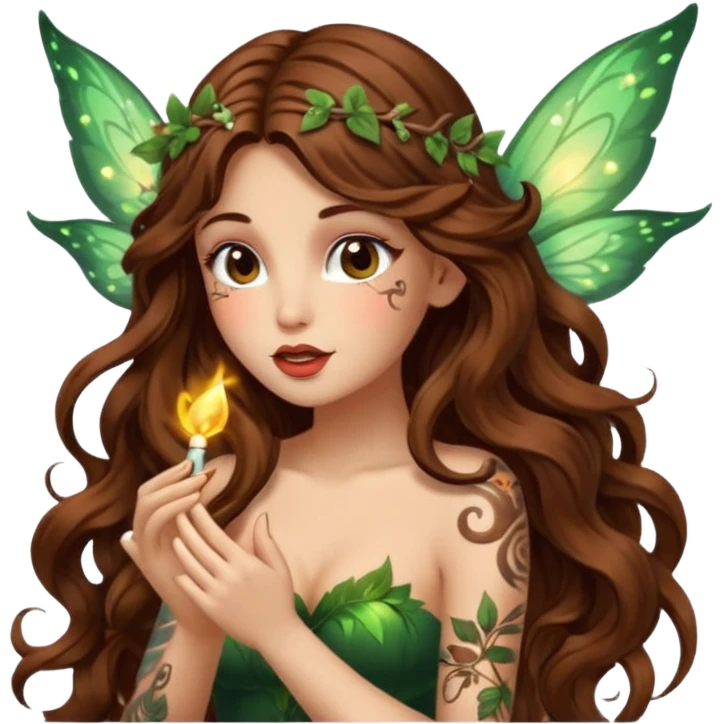 forest fairy woman long wavy brown hair tattoos blowing glowing kiss emoji