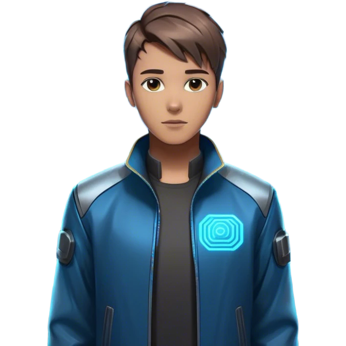 Emoji: A confident young man with short brown hair, wearing a cyberpunk-style jacket, standing next to a glowing, holographic AI assistant. The AI assistant has a sleek, futuristic design with blue neon circuits. The background is minimalistic but has a high-tech, futuristic vibe. emoji