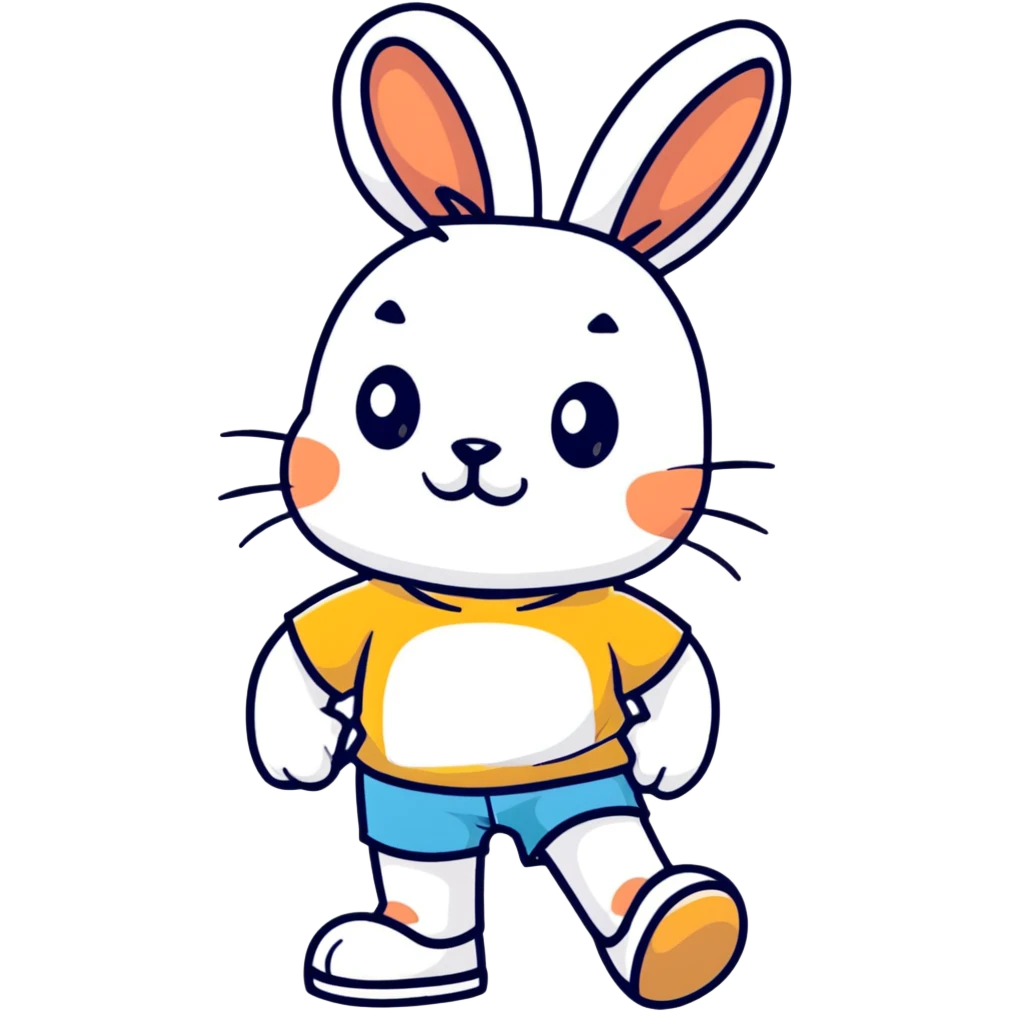 retro 1930s anthropomorphised rabbit in a t-shirt and shorts walking black and white emoji
