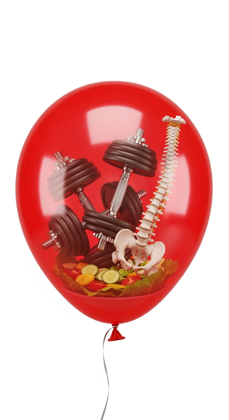 palloncino rosso con all'interno insalata, manubri da palestra e una spina dorsale anatomica realistica in 3d, isolato su sfondo bianco emoji