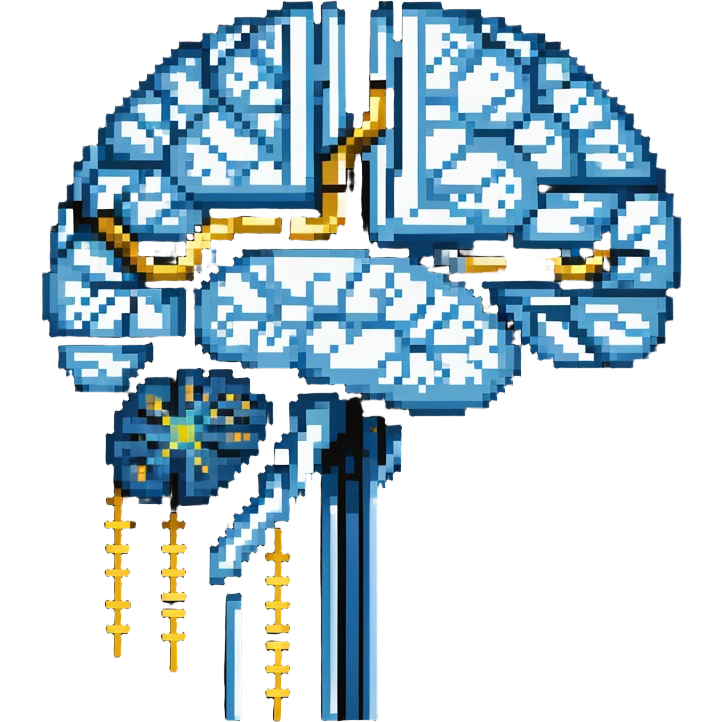 Pixel art of a pearlescent blue capsule floating in front of a brain with golden pixel pulses forming neural connections. A small liver icon nearby, all rotating in a pixelated aura of mental focus emoji