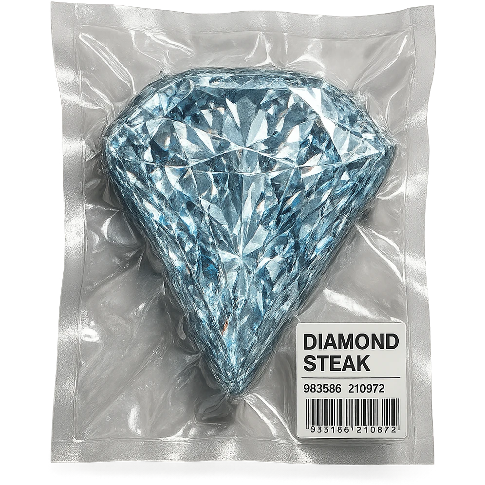 meat steak made of diamond, glossy and puffy, vacuum-sealed style emoji