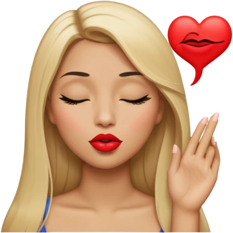 Mujer color de piel moreno claro, posicionada de lado, con cabello rubio largo, lacio y suelto, ojos negros, un ojo cerrado, mandando un beso de lado emoji