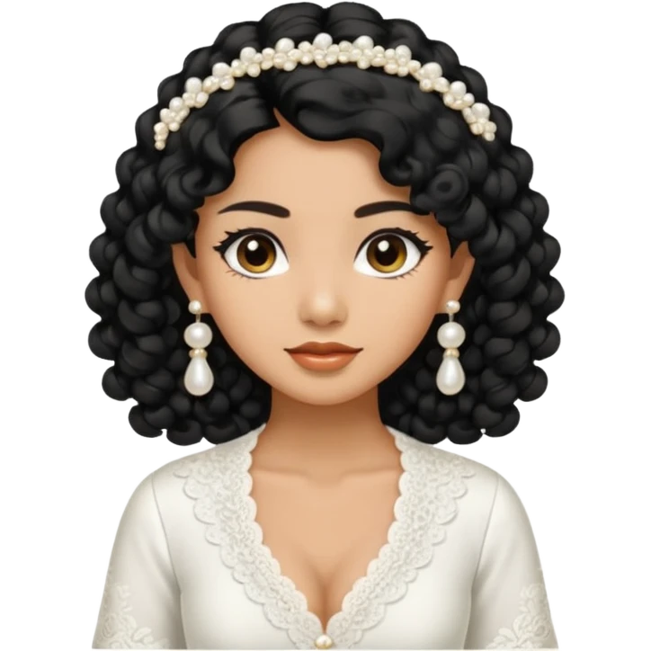 tan skin women, with black long Curly hair, wear white kebaya , and little pearl earring emoji