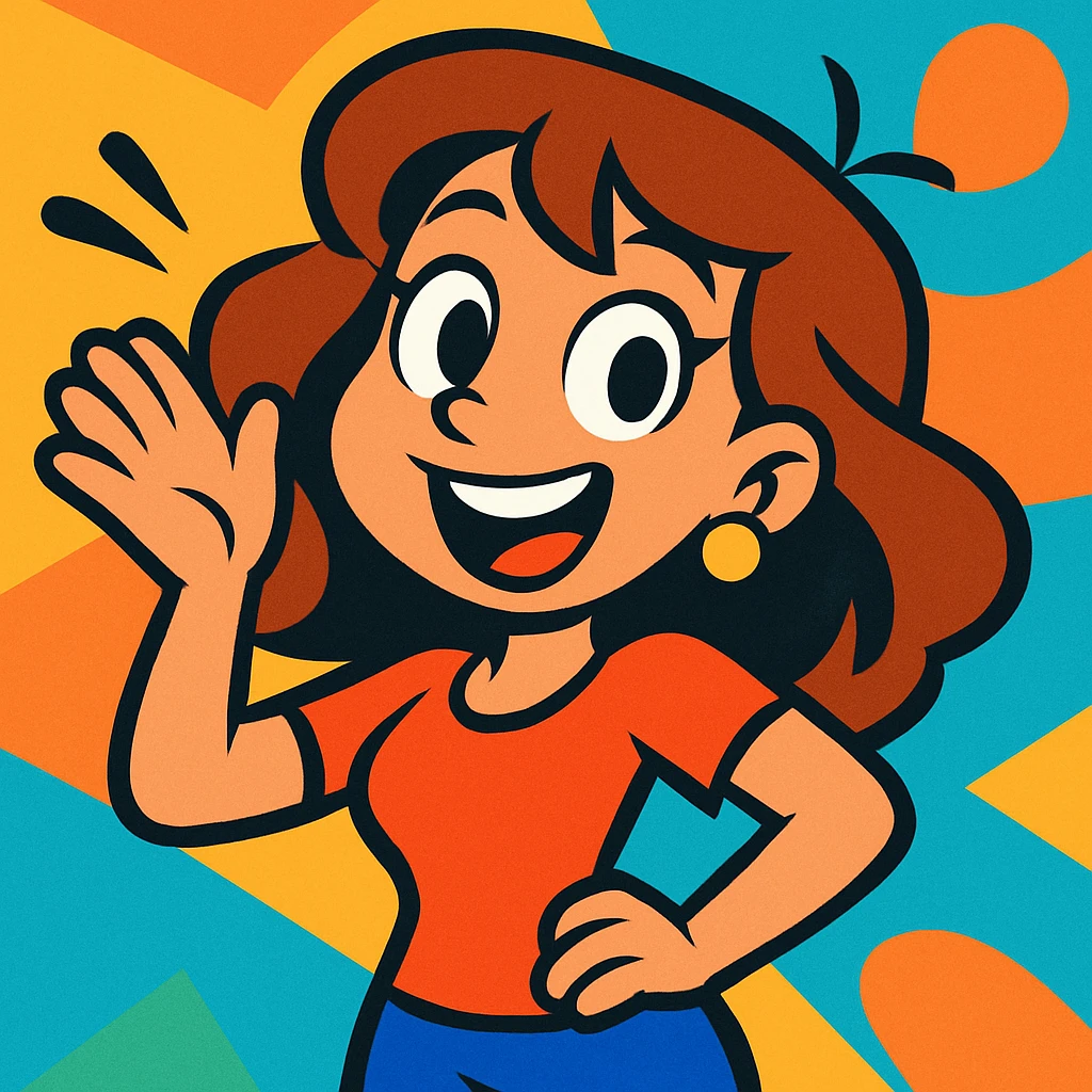 mujer linda de cabello marrón, estilo cartoon vibrante, vibrant cartoon style emoji