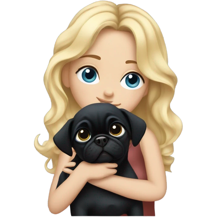 Girl with wavy blonde hair and blue eyes, kissing a black pug emoji