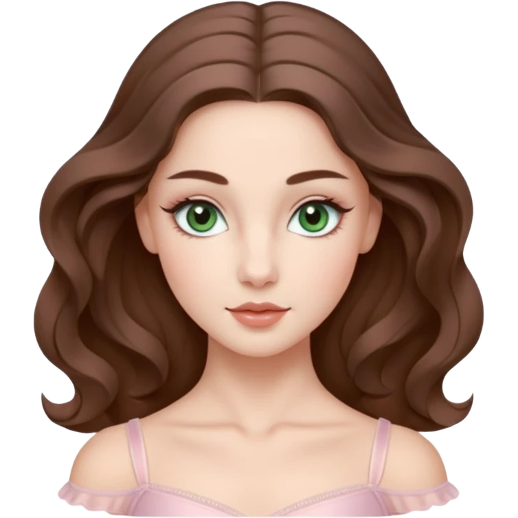 Cinema Realistic Ballerina Portrait, with porcelain-like skin featuring a natural rosy flush, illuminated by soft lighting that highlights the gentle contours of her face. Her Brunette hair flows in soft.Her deep green light eyes radiate framed by arched brows and long lashes. emoji