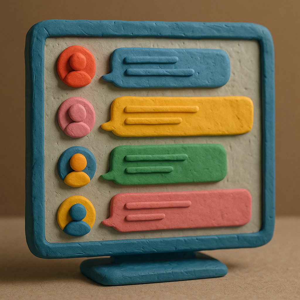 claymation style online forum with colorful clay chat bubbles and avatars emoji