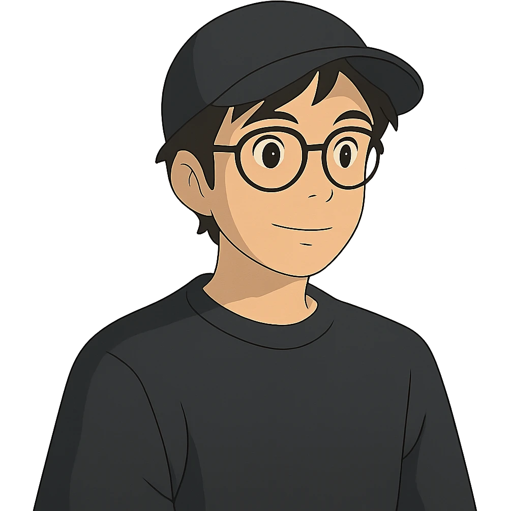 ghibli style guy in glasses and a black cap emoji
