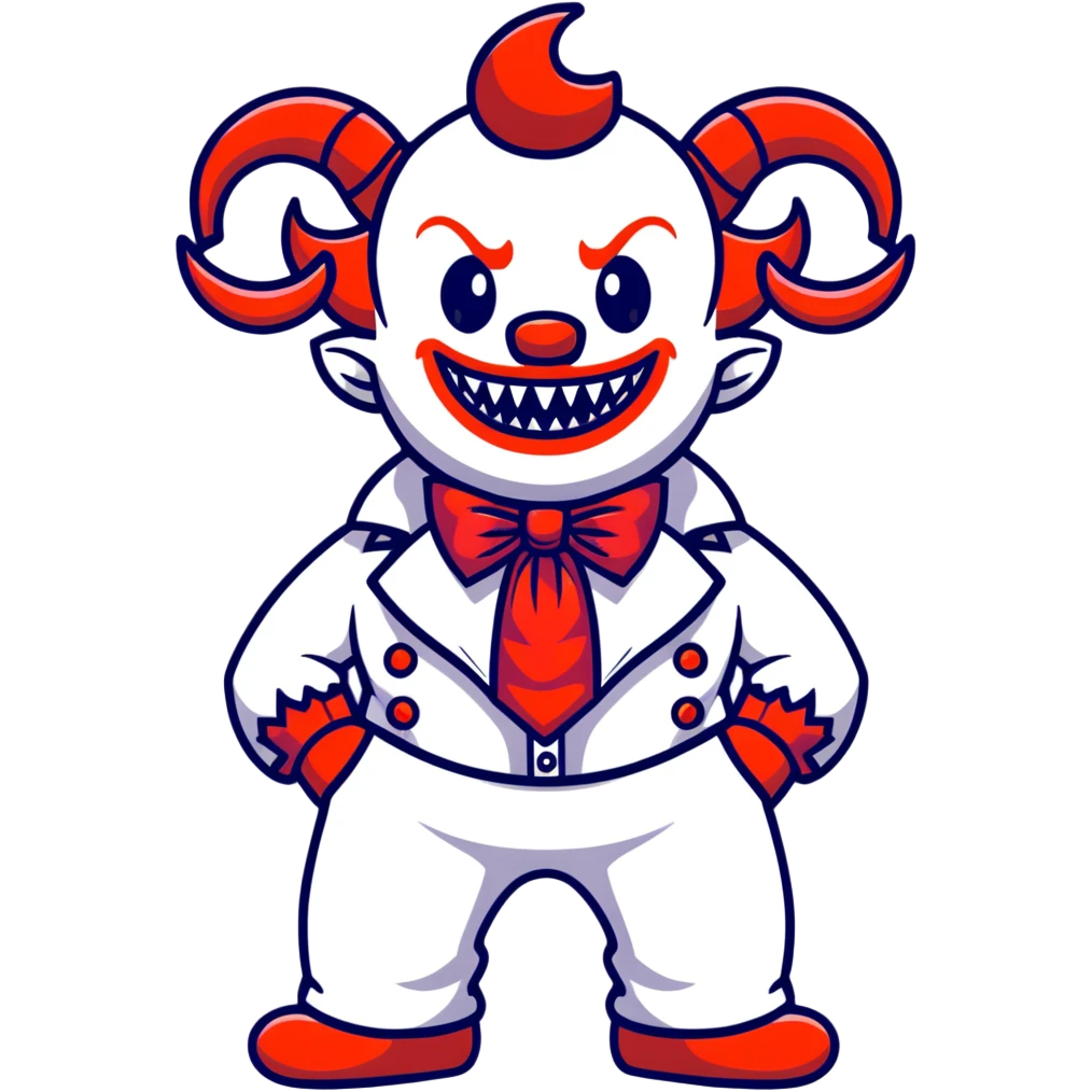 full-body demonic clown in a white leisure suit with bellbottom pants, bald, with black ram horns, flashy belt, ruffled shirt, no neck tie, large fangs in mouth emoji