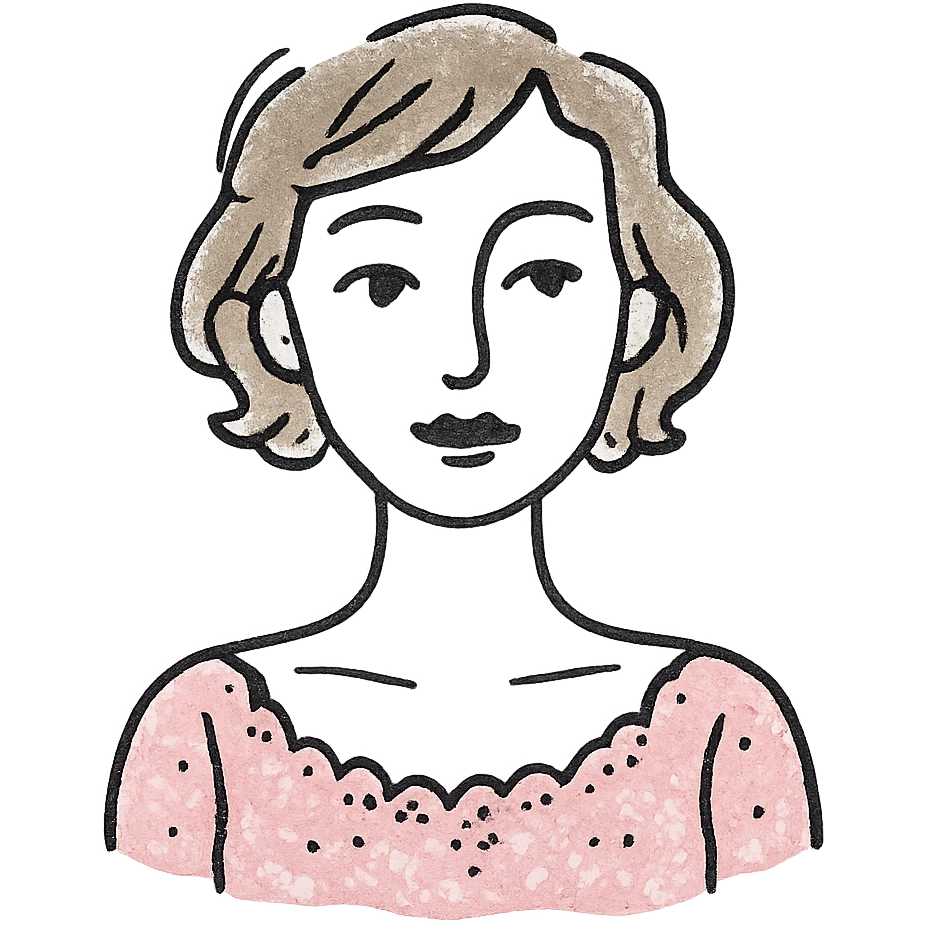 stylized icon of a woman with white skin, short wavy light brown hair, light makeup, wearing a pink dress with intricate, delicate details, minimal background emoji
