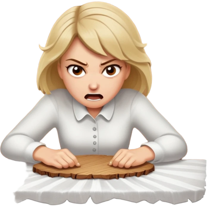 White woman ripping a white tablecloth off of a wooden table in anger emoji
