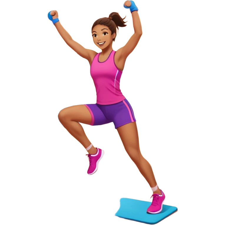 An energetic person performing an aerobics workout in a brightly lit gym, jumping and stretching with enthusiasm. The scene includes vibrant fitness equipment like dumbbells and exercise mats, with a background of cheerful, motivating colors, conveying energy and movement. emoji