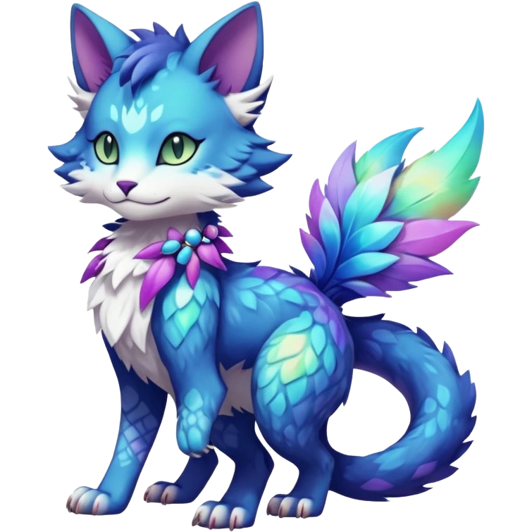 Kawaii iridescent beautiful pretty elegant divine edgy fantasy feline-vernid-sergal-Fakémon-Pokémon-fursona-animal-creature with accessories, full body, with intricate detailed markings emoji