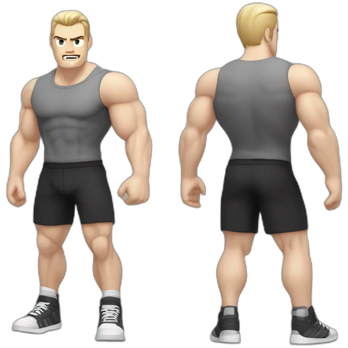 Angry Pale skinned Fit Man With the biceps and dark brown hair in black shirt, gray sports shorts and white Sneakers emoji