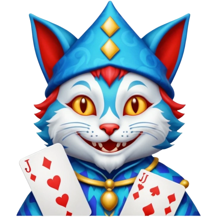 crazy colorful cute little cat jolly joker from poker, medieval, vintage, court jester, mac os icon, blue color, holds poker cards (clearly detailed and precise) emoji