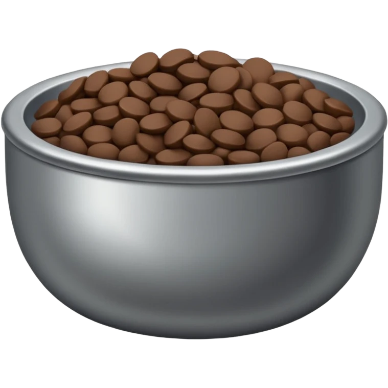 A shallow silver metal bowl with deep brown flat rounded kibbles emoji