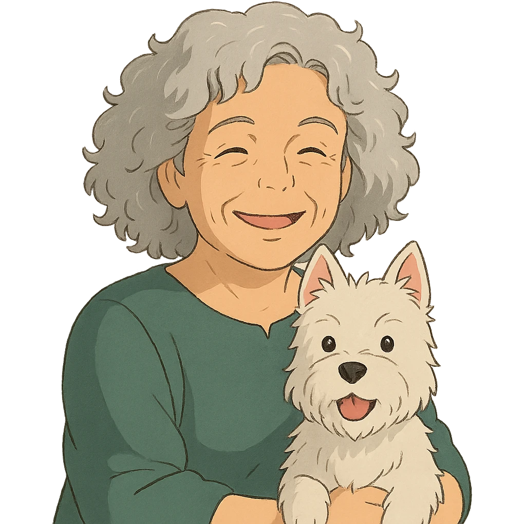 50-year-old woman with silver curly hair, smiling, with a Westie dog, ghibli style emoji