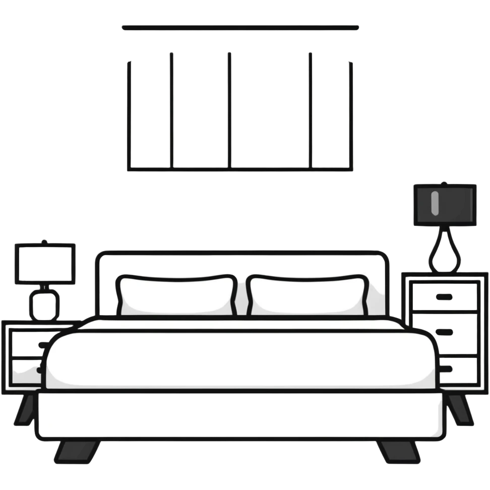 clean bedroom with white walls, bed, nightstand and dresser emoji