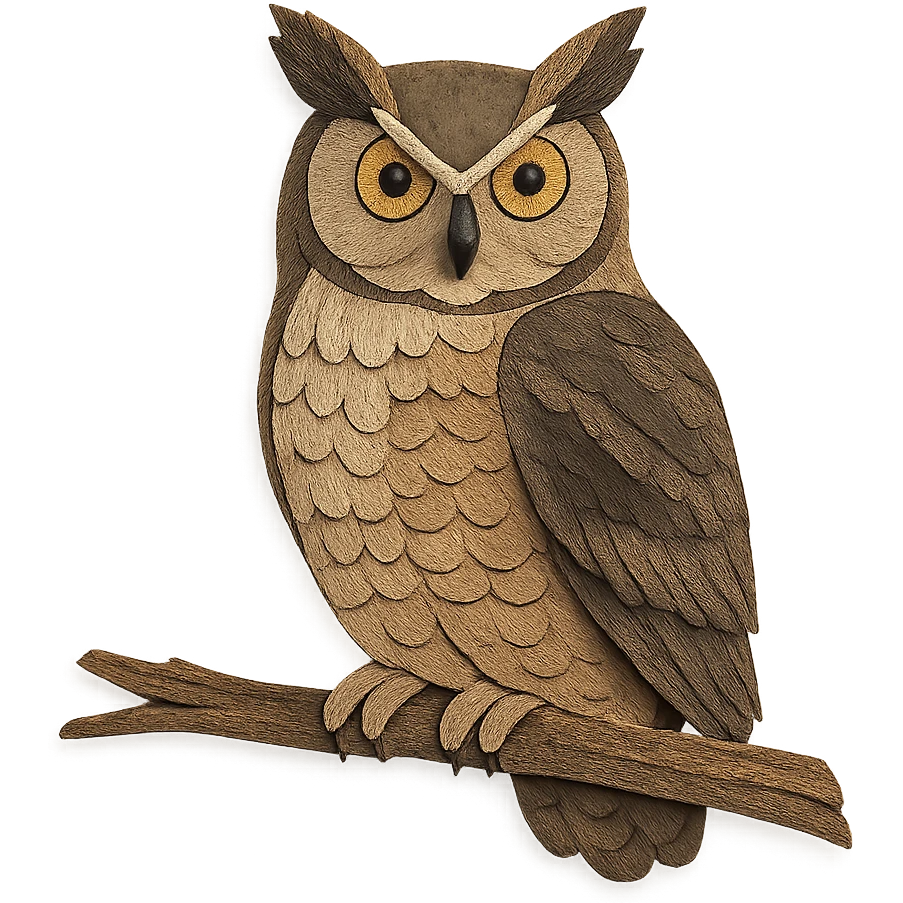 great horned owl sitting on a branch, delicate paper layers, realistic feather patterns, subtle color variations, alert posture emoji