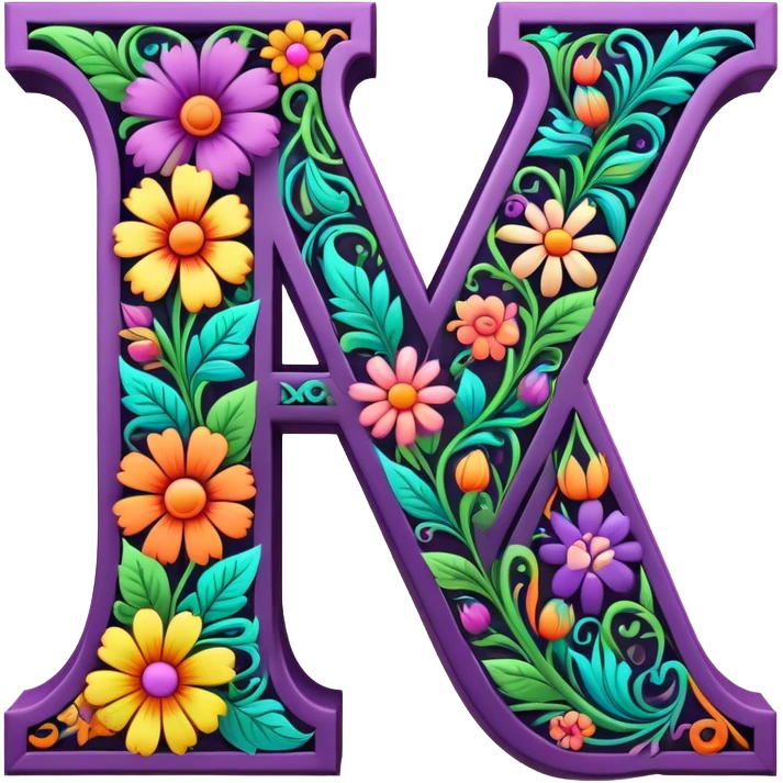 3D, gothic style psychedelic colored capital Letter N with hippie style flower border emoji