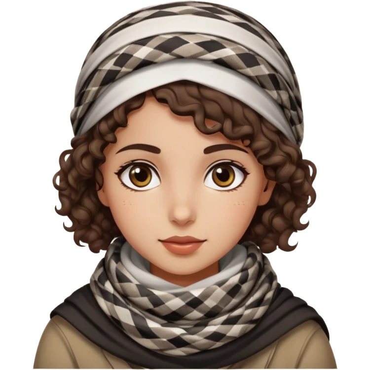 Palestinian girl emoji style, warm expression, short curly brown hair, traditional keffiyeh scarf, simple background emoji