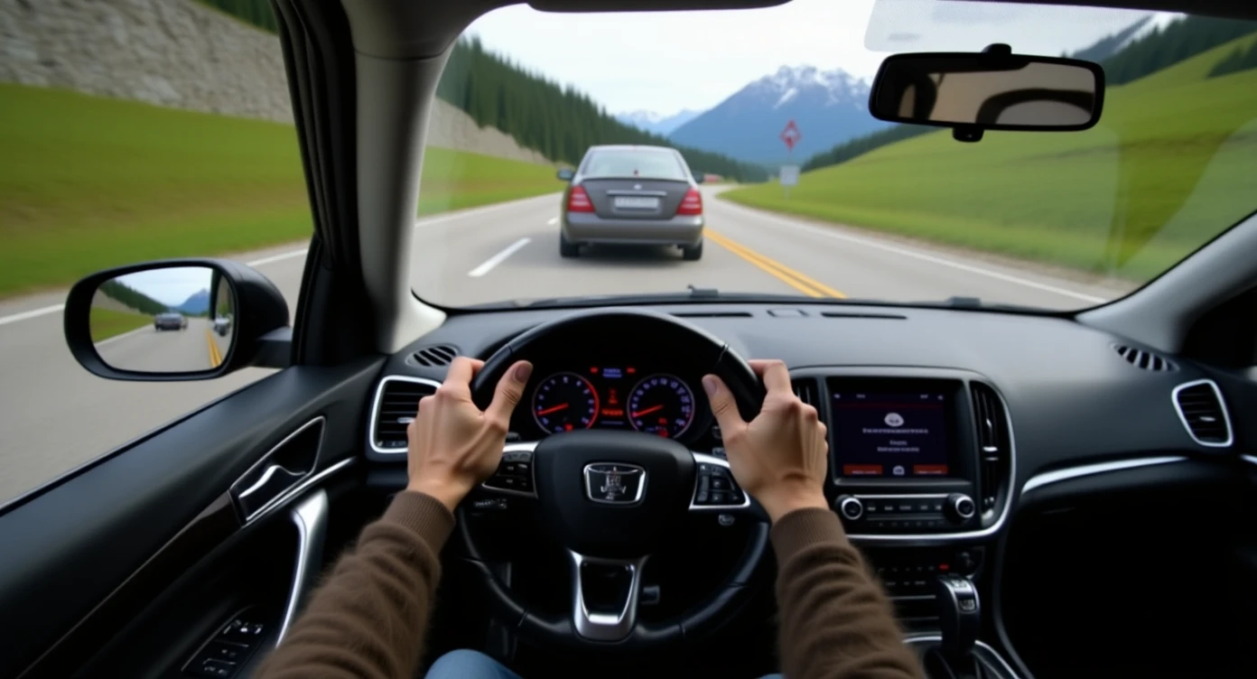 Realistic camshot pov of monkey drive a car (hands holding car wheel) switzerland road with car crash emoji