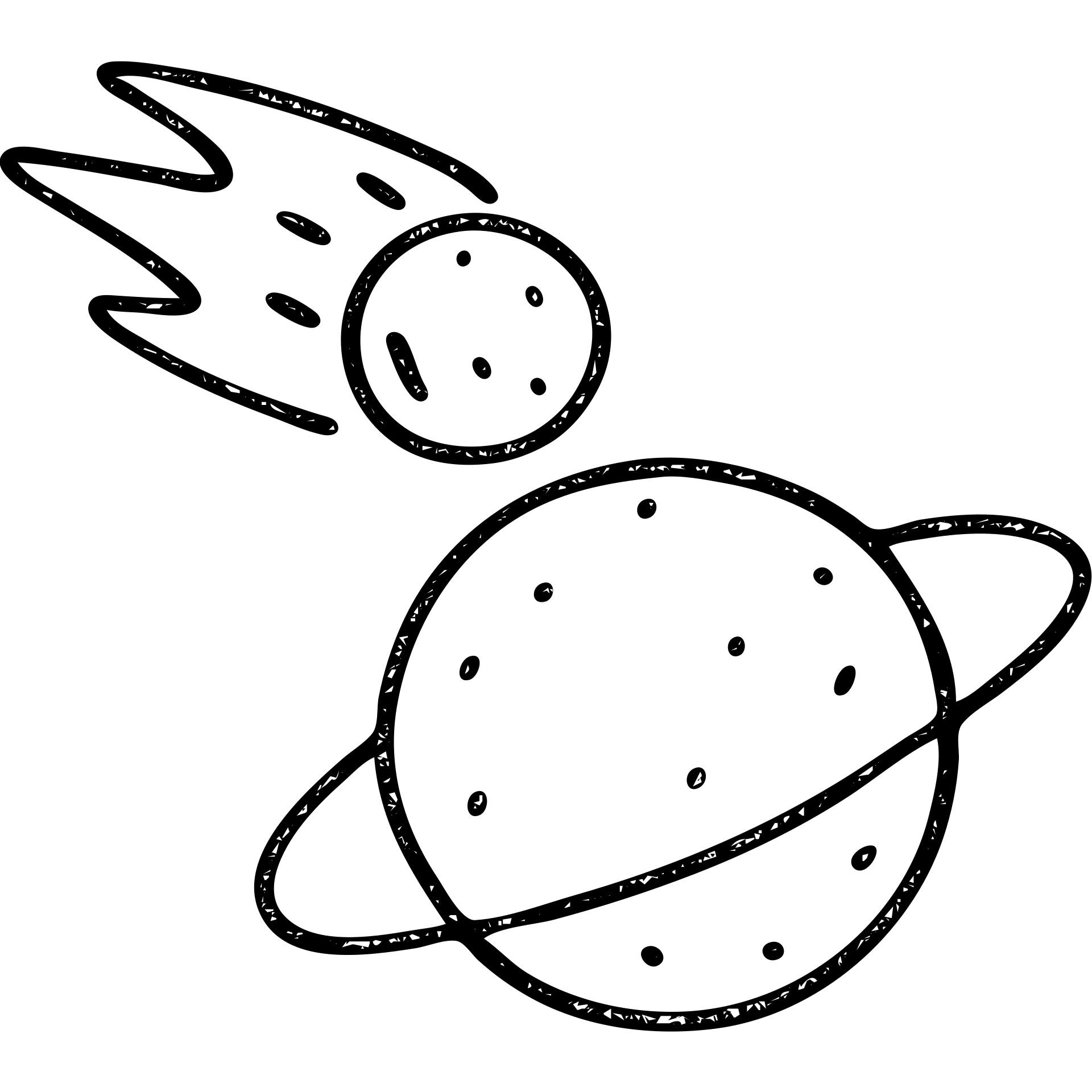 minimalist hand-drawn outlined icon of a meteor and planet, worn distressed effect emoji