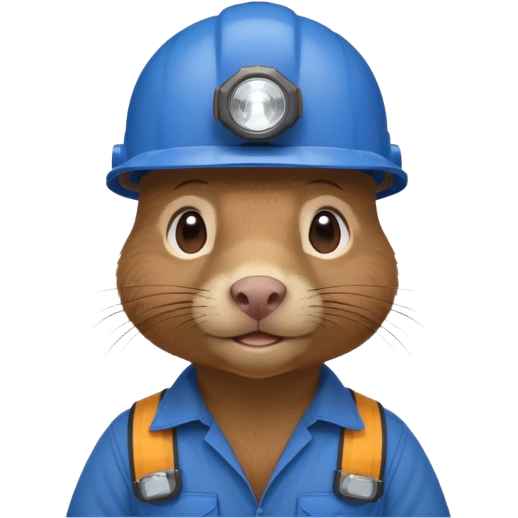 a mole rat, headlamp, BROWN worker cloth, blue helmet,  emoji