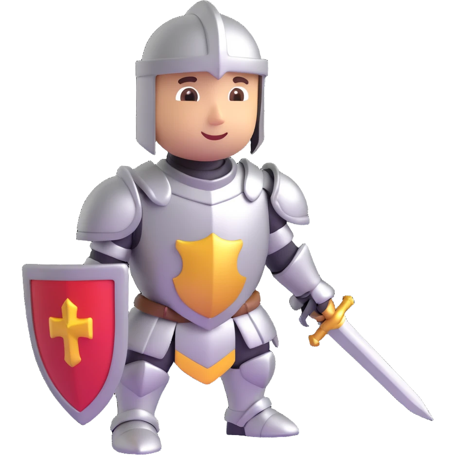 knight in shining armor, 3D emoji style, metallic shine, simple face emoji