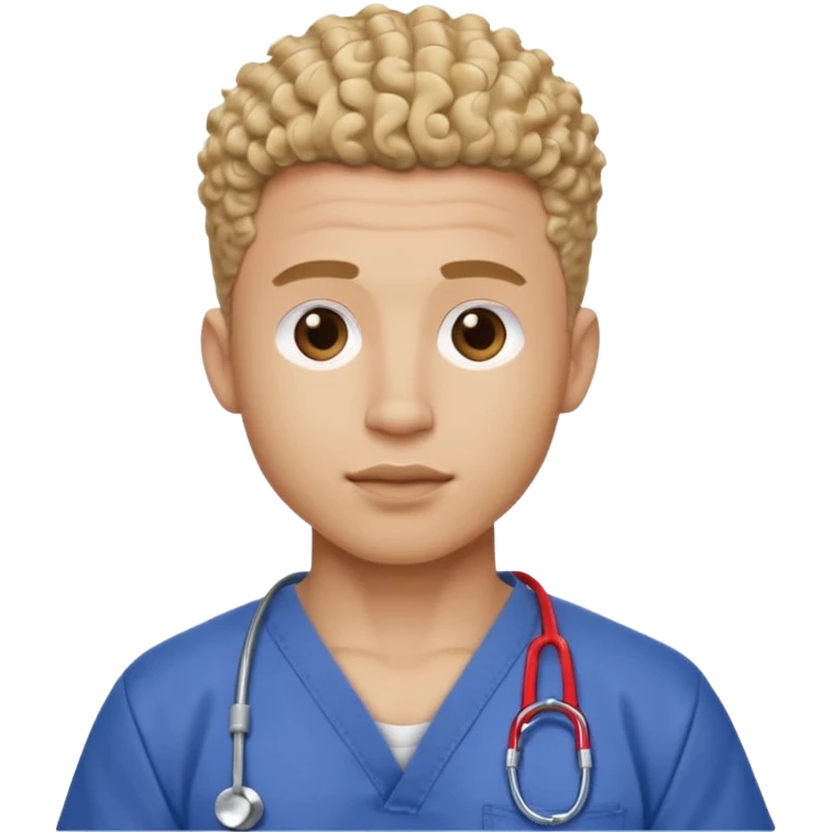 Ripped, athletic man with thick neck, high top fade with no part, curly hair only top only, no shirt and show waistline up add scrubs emoji