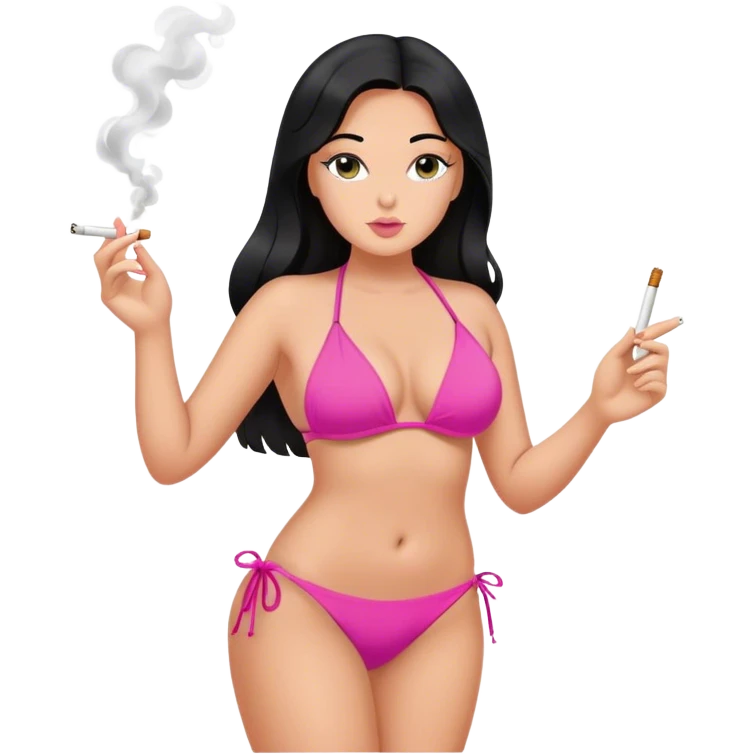 caucasian curvy girl in pink bikini, long straight black hair smoking  emoji