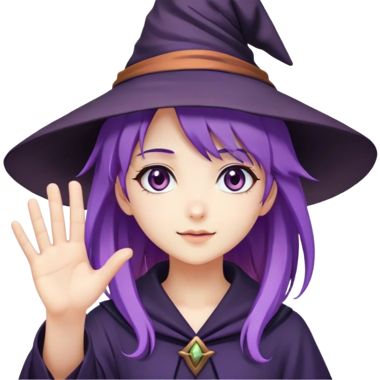 Cute anime girl with purple hair in witch hat waving hand emoji