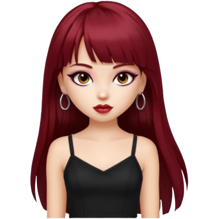 generate a pretty bratz girl in black cami top, dark red straight long hair with bangs, eyeliner on, 

 emoji