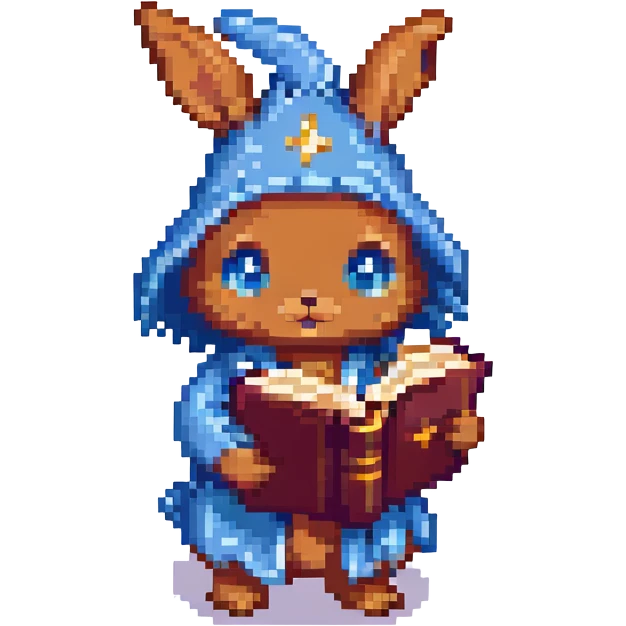 wizard baby bunny with a magical book, pixel art style emoji
