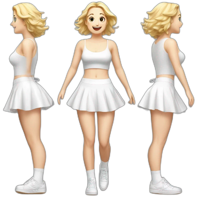 hyperrealistic-full-body-caucasian-curvy-beauty-jumping-small white-skirt-back-and-front-views-strong-wind-white knickers white socks emoji