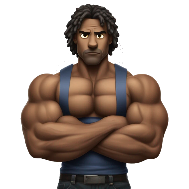 A hyper-muscular man with veins prominently visible across his arms and chest. The individual has an exaggerated physique, with massive arms crossed over a well-defined six-pack, creating a surreal and intense visual. emoji