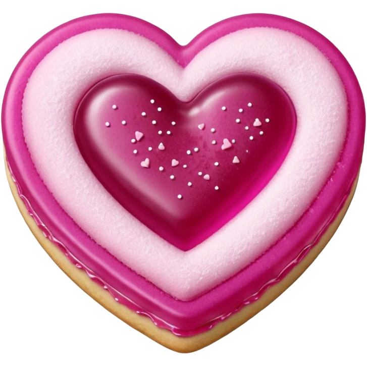 Realistic shortbread cookie in the shape of a heart with Fuchsia color jelly middle filling and sprinkled powder sugar on top. emoji