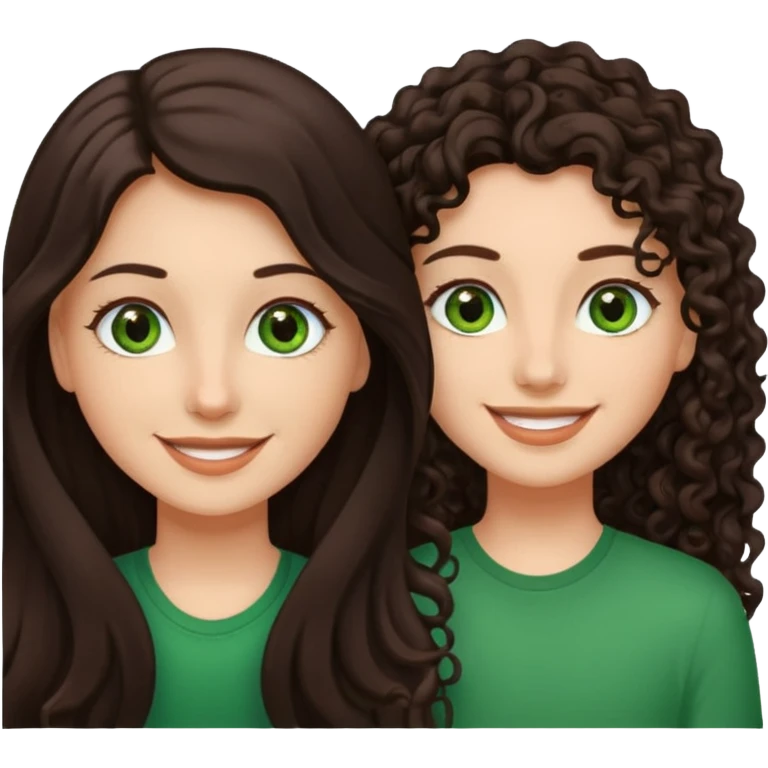Two besties: 1: long fully straight darkbrown hair, green eyes 2: long curly darkbrown hair emoji