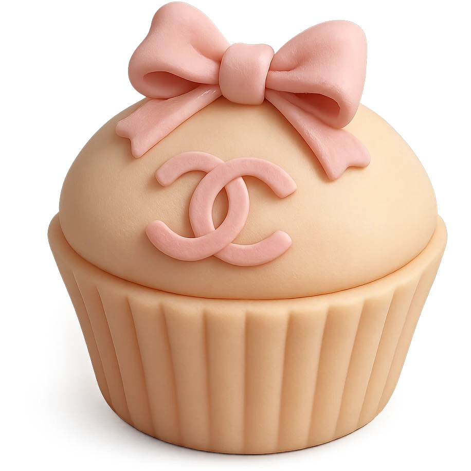 pastel peach Chanel cupcake with a pink bow and logo emoji