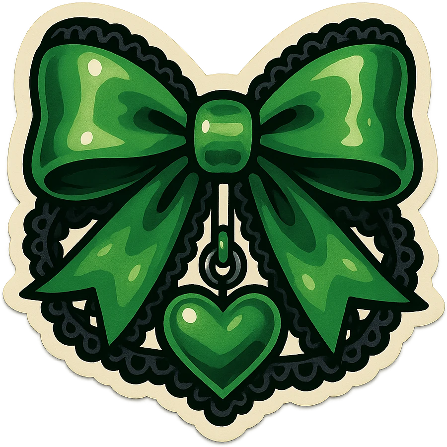 green gothic bow with black lace trim and heart charm, remove background emoji