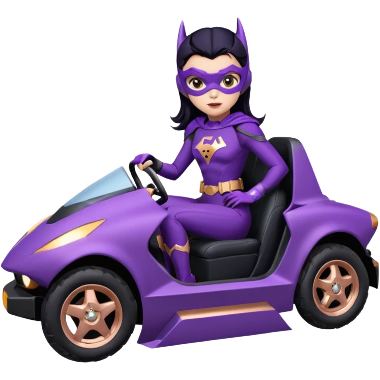  proportionally correct, real-appearance racing adult BatGirl’s feminine midnight-purple tight outfit sixty’s tv show 2032 stealth retro cat burglar sporty petite off-road pursuit hovering black hover car with rose gold accents (black hair,reclined and relaxed seating position and attitude) emoji