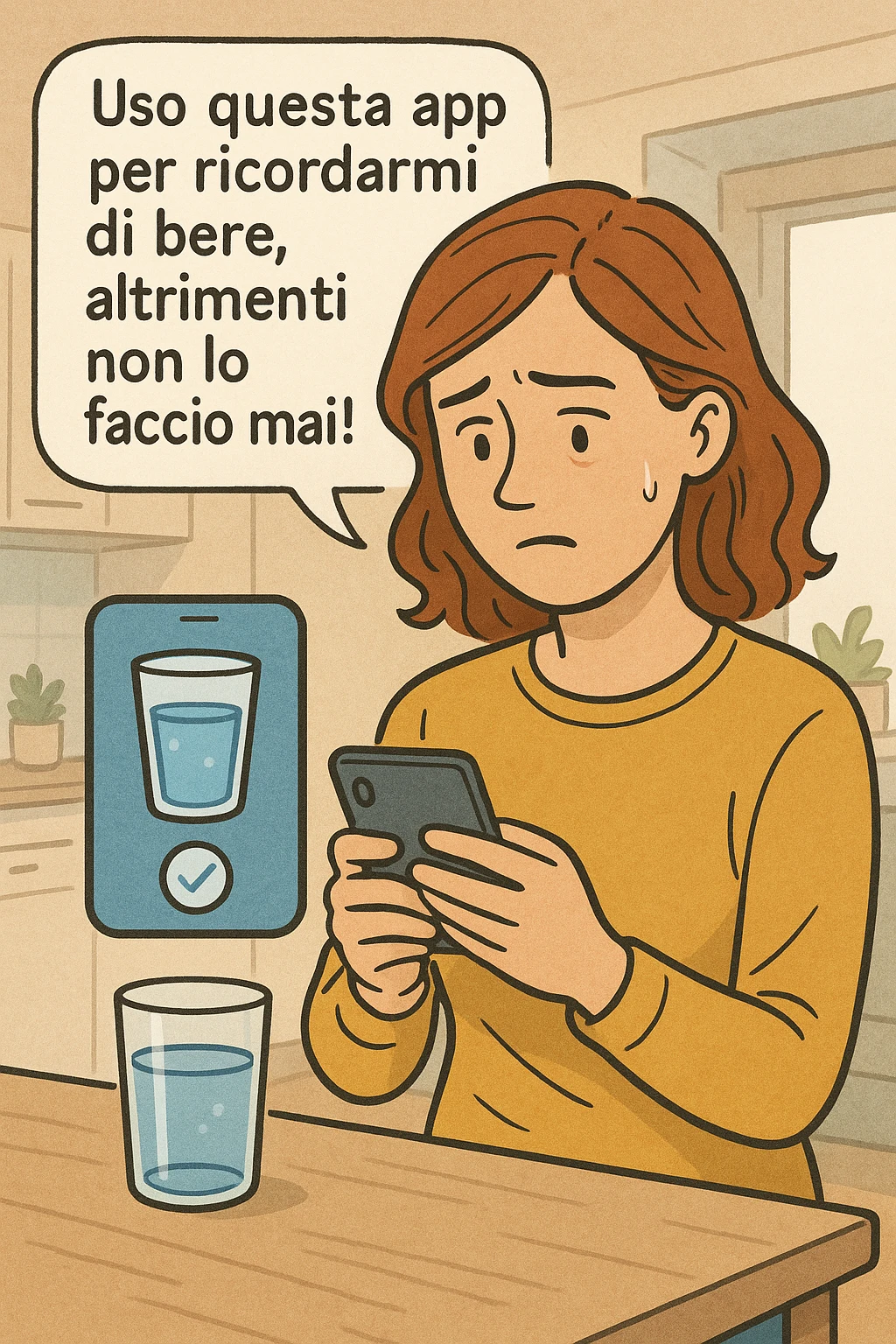 Donna che usa App per ricordarsi di bere, altrimenti non beve mai testo in italiano emoji