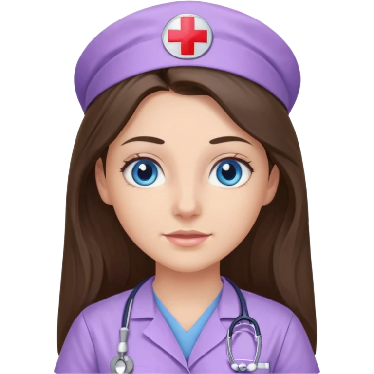 pretty brunette nurse with long hair and blue eyes in lilac scrubs emoji