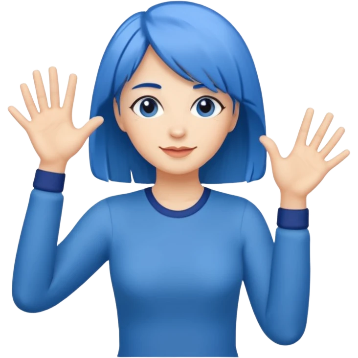 Woman with medium length blue hair doing jazz hands emoji