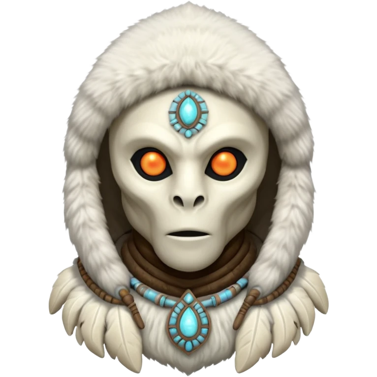 ancient arctic alien shaman portrait, head and shoulders only, Inuit-inspired fur hood, carved bone ornaments, glowing cosmic eyes, icy alien skin, spiritual sci-fi vibe, 3D cartoon, mobile game icon style, clean background, no text, no watermark


 emoji