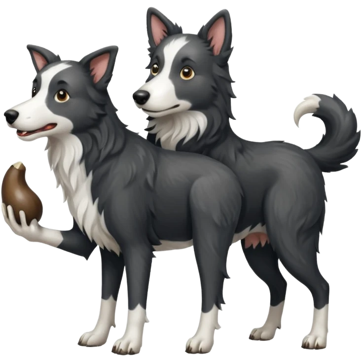 A black and white border collie werewolf, standing on her hind legs, holding a cow's hoof. emoji