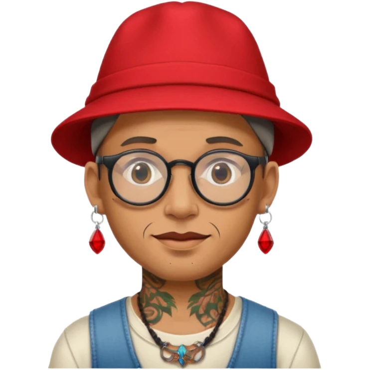 unique looking tourist with big unique red tourist hat and earrings, man with lots of tattoes and spectacles emoji