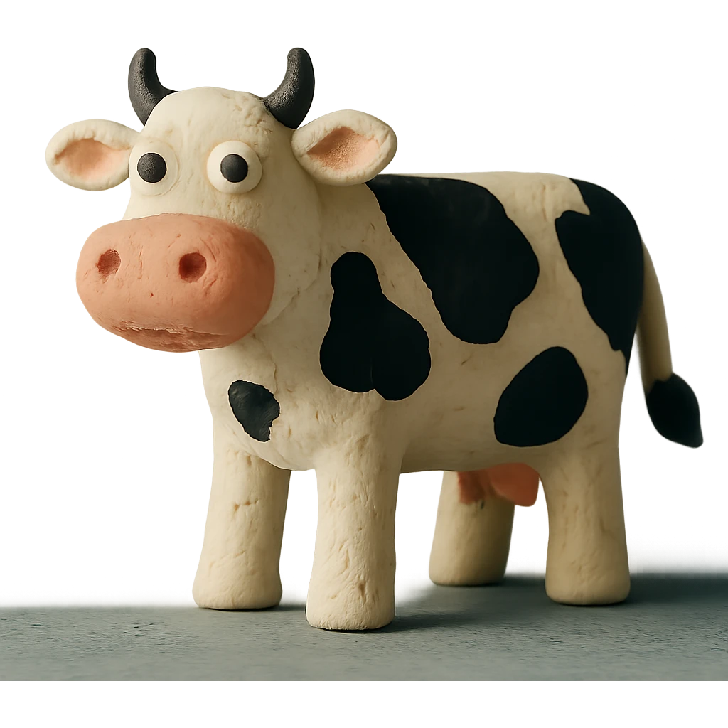claymation style cow with black and white spots emoji