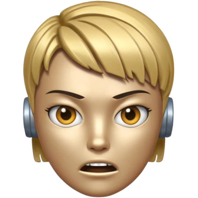 Robot emoji with a "Karen" haircut and angry facial expression emoji